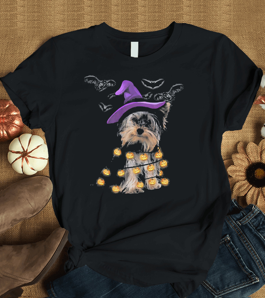 Yorkie Pumpkin Lights and Purple Witch Hat with Bats T-Shirt