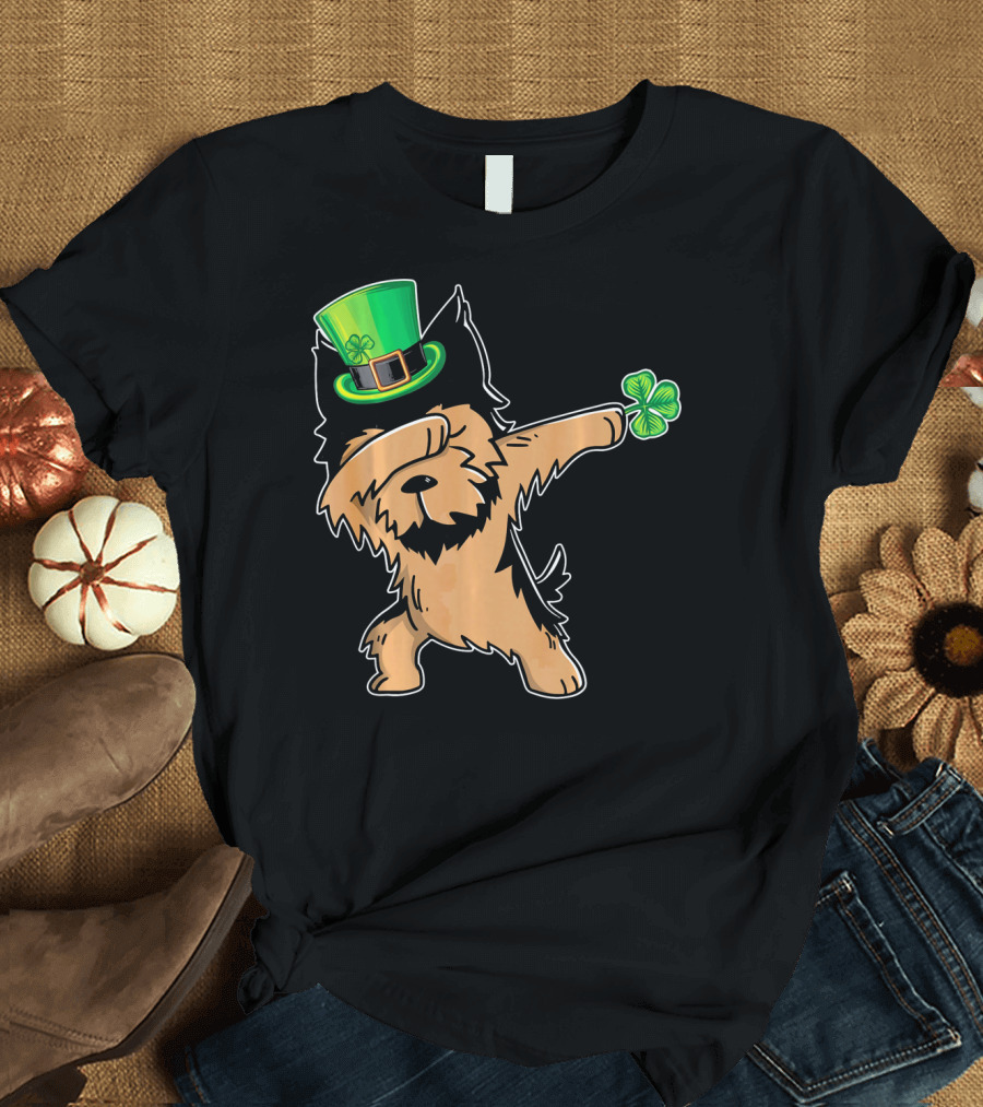 Yorkshire Terrier Dabbing Dance with Shamrock Hat and Clover T-Shirt