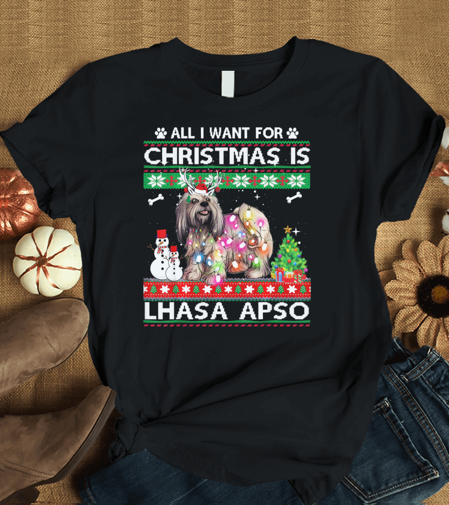 Festive Christmas Lhasa Apso with Lights Snowman and Tree T-Shirt