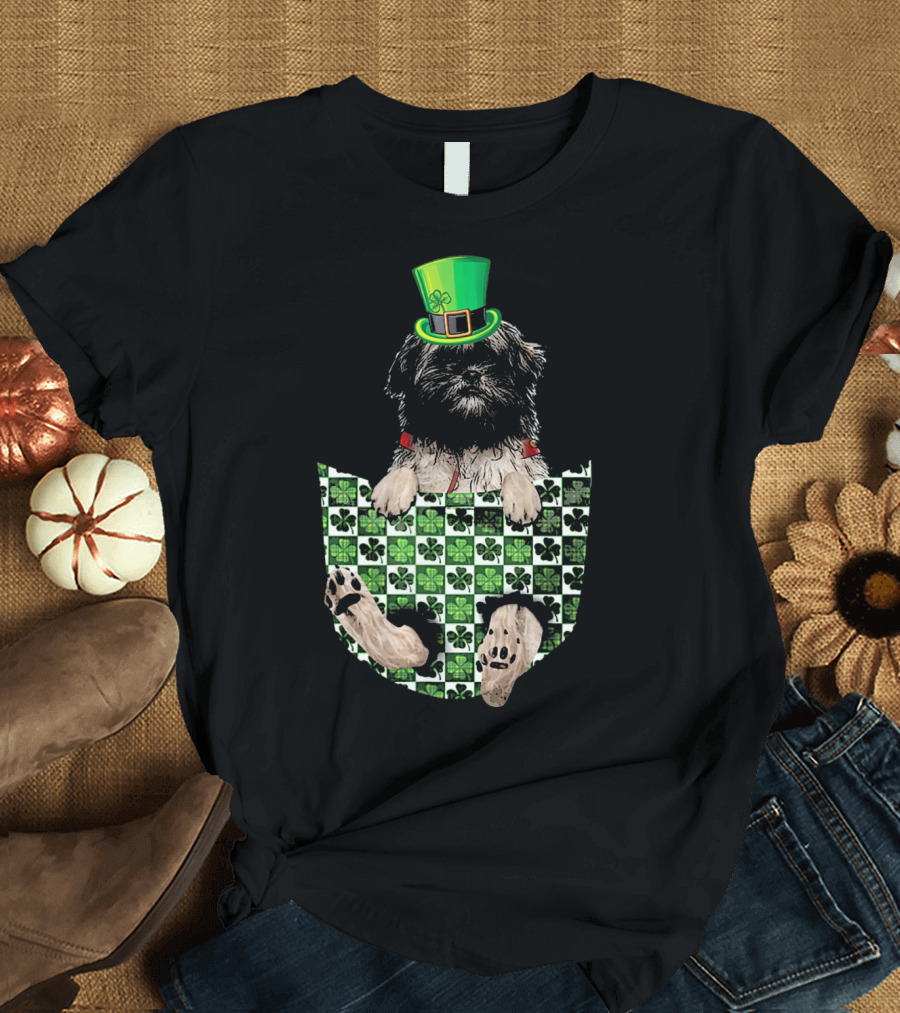 Lhasa Apso Patrick Hat Green Shamrock Pocket T-Shirt