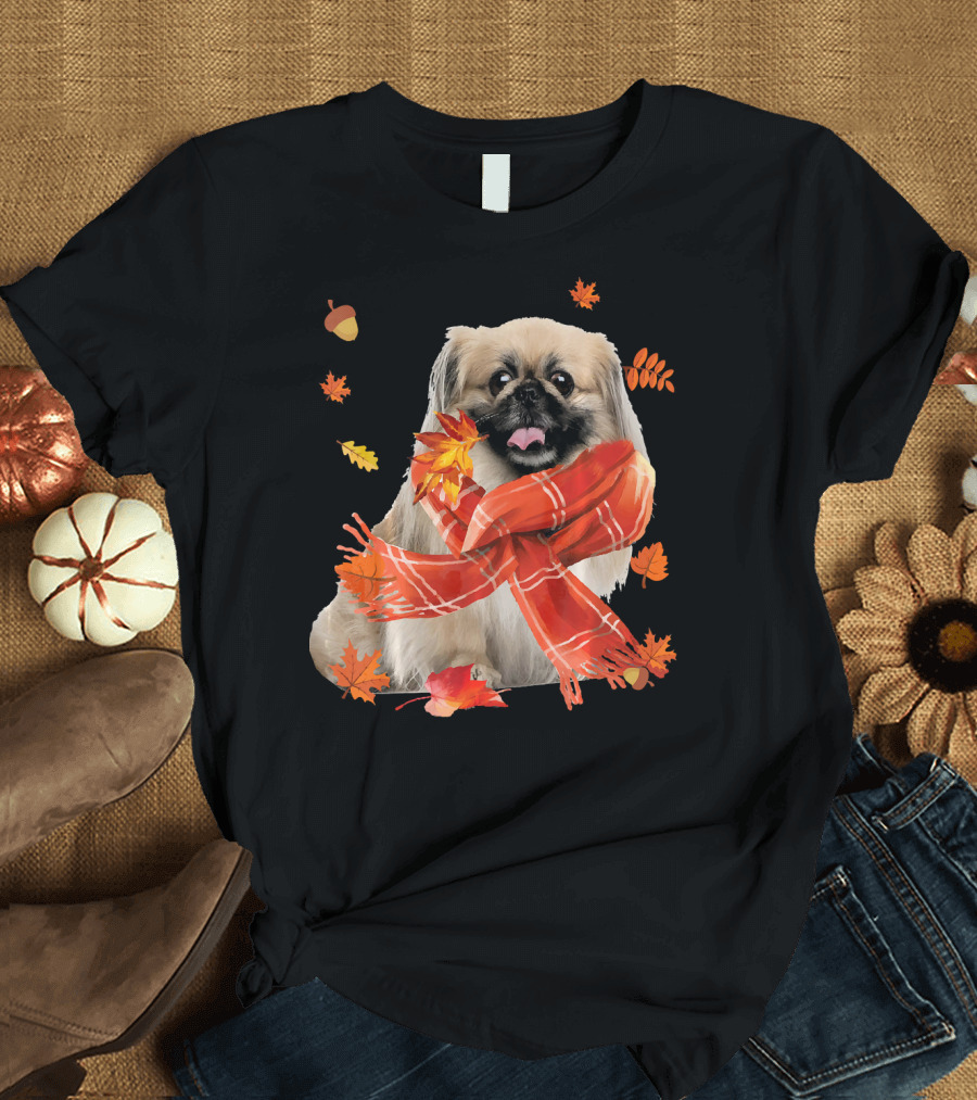 Cute Pekingese Dog with Autumn Leaves and Red Scarf T-Shirt