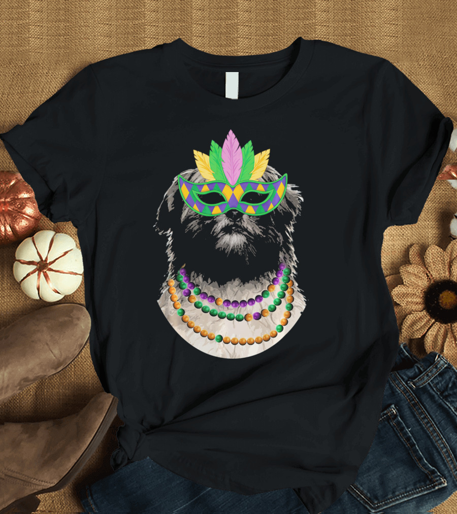 Lhasa Apso in Mardi Gras Mask with Colorful Beads T-Shirt