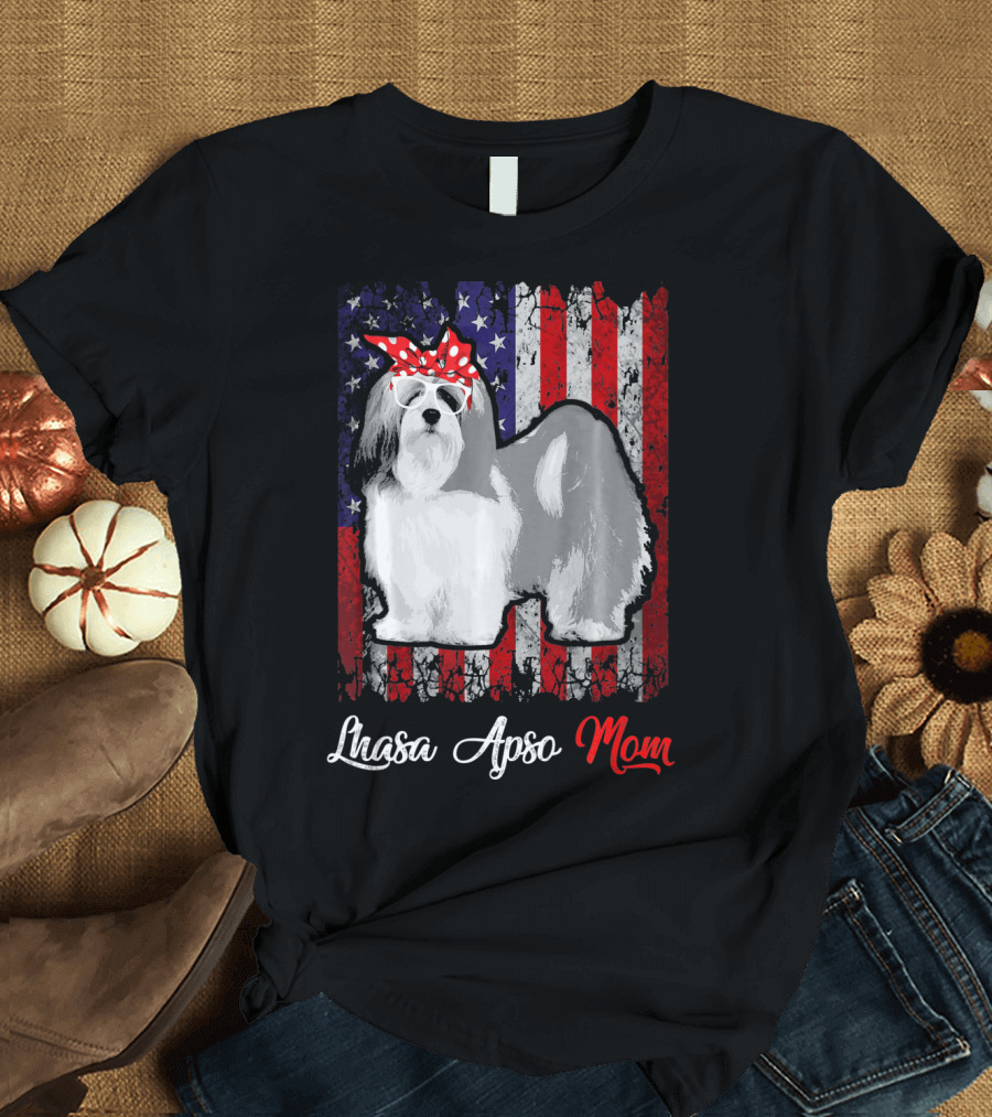 Lhasa Apso Mom American Flag Bandana Sunglasses T-Shirt