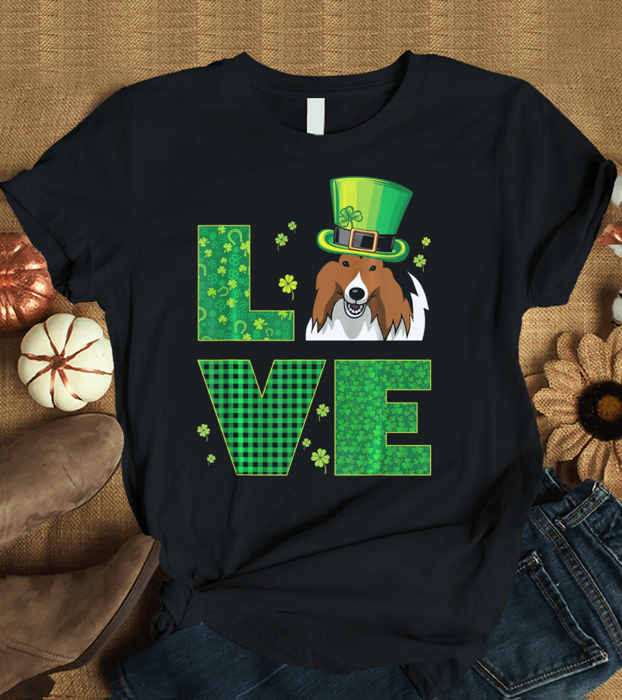 Love Shetland Sheepdog Shamrock Hat St. Patrick's Day Green T-Shirt