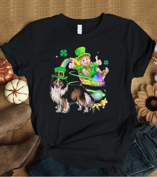 T-Shirt: Leprechaun and Shetland Sheepdog with Rainbow and Pot of Gold T-Shirt Leprechaun and Shetland Sheepdog with Rainbow and Pot of Gold T-Shirt