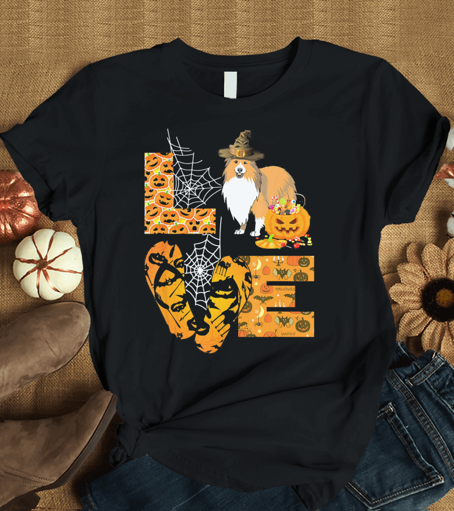 LOVE Sheltie Pumpkin Halloween Spiders and Jack-o'-Lanterns T-Shirt