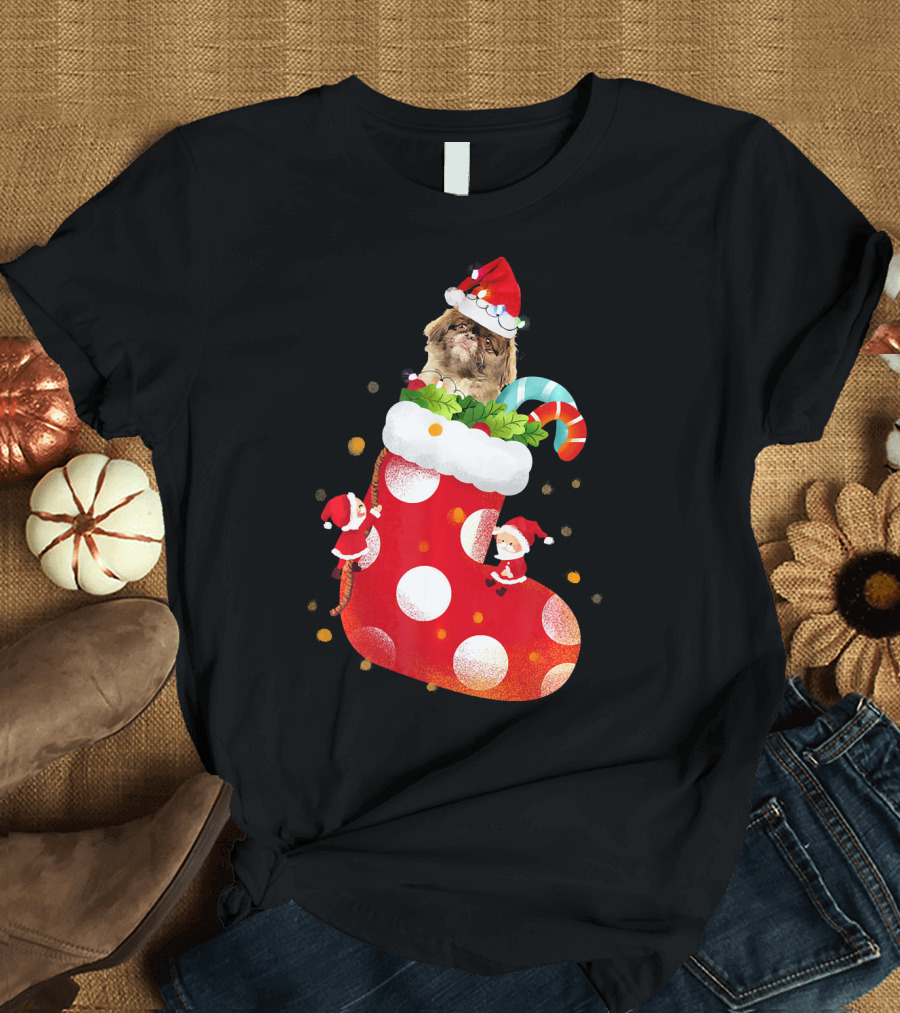 Pekingese in Christmas Stocking with Santa Hat and Candy Cane T-Shirt