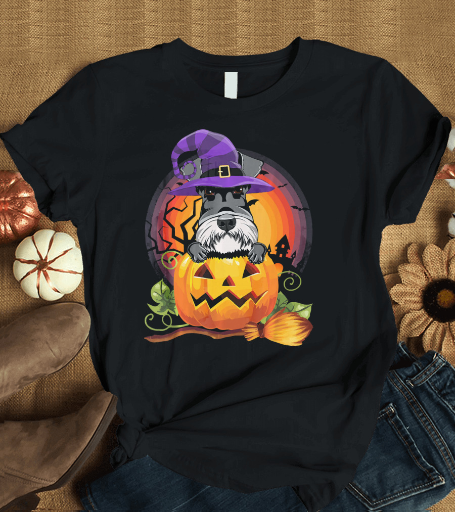 Giant Schnauzer in Witch Hat Halloween Pumpkin Scene T-Shirt