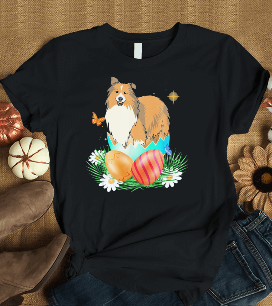 Easter Day Shetland Sheepdog Hatching from Egg with Colorful Easter Eggs and Butterflies T-Shirt