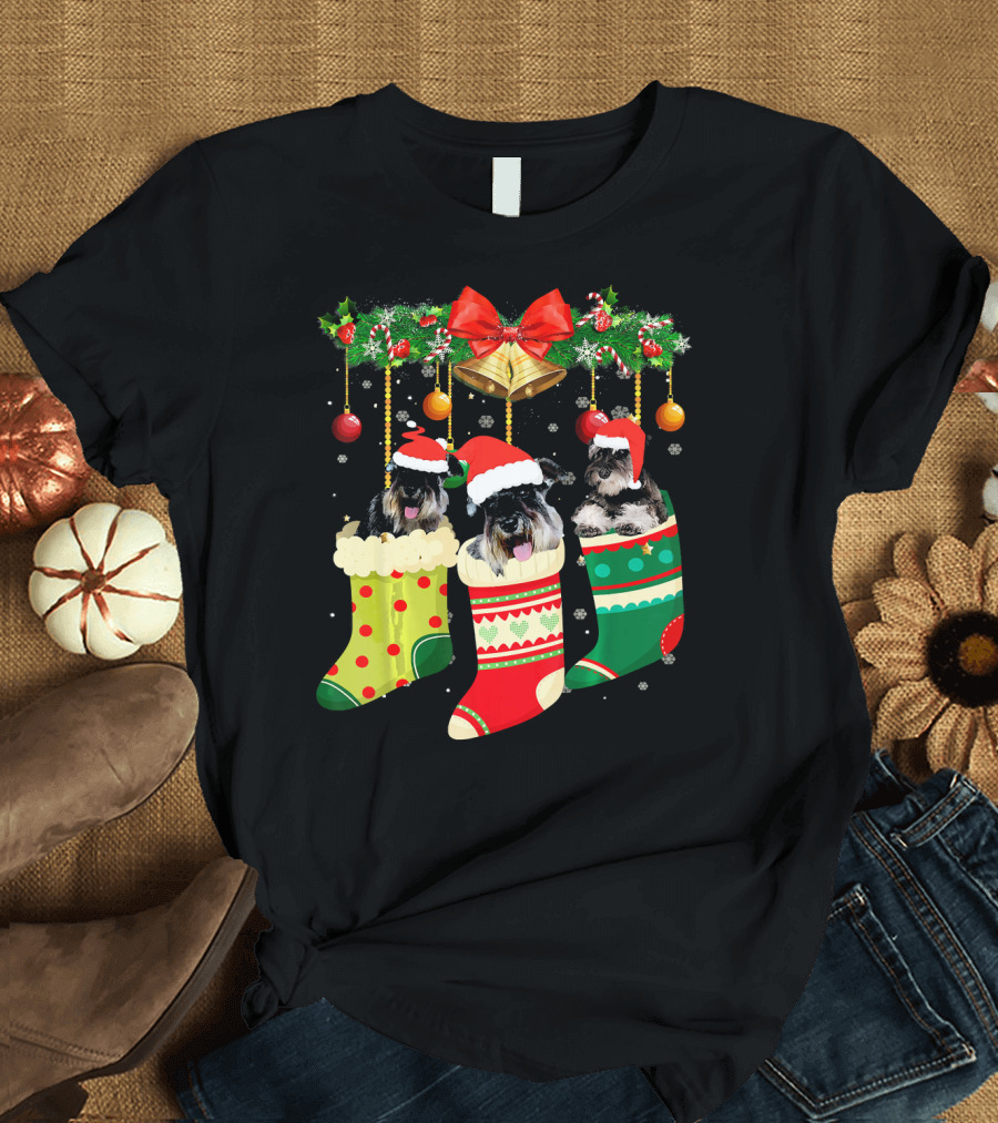 Funny Schnauzer Christmas Socks in Festive Holiday Stockings T-Shirt