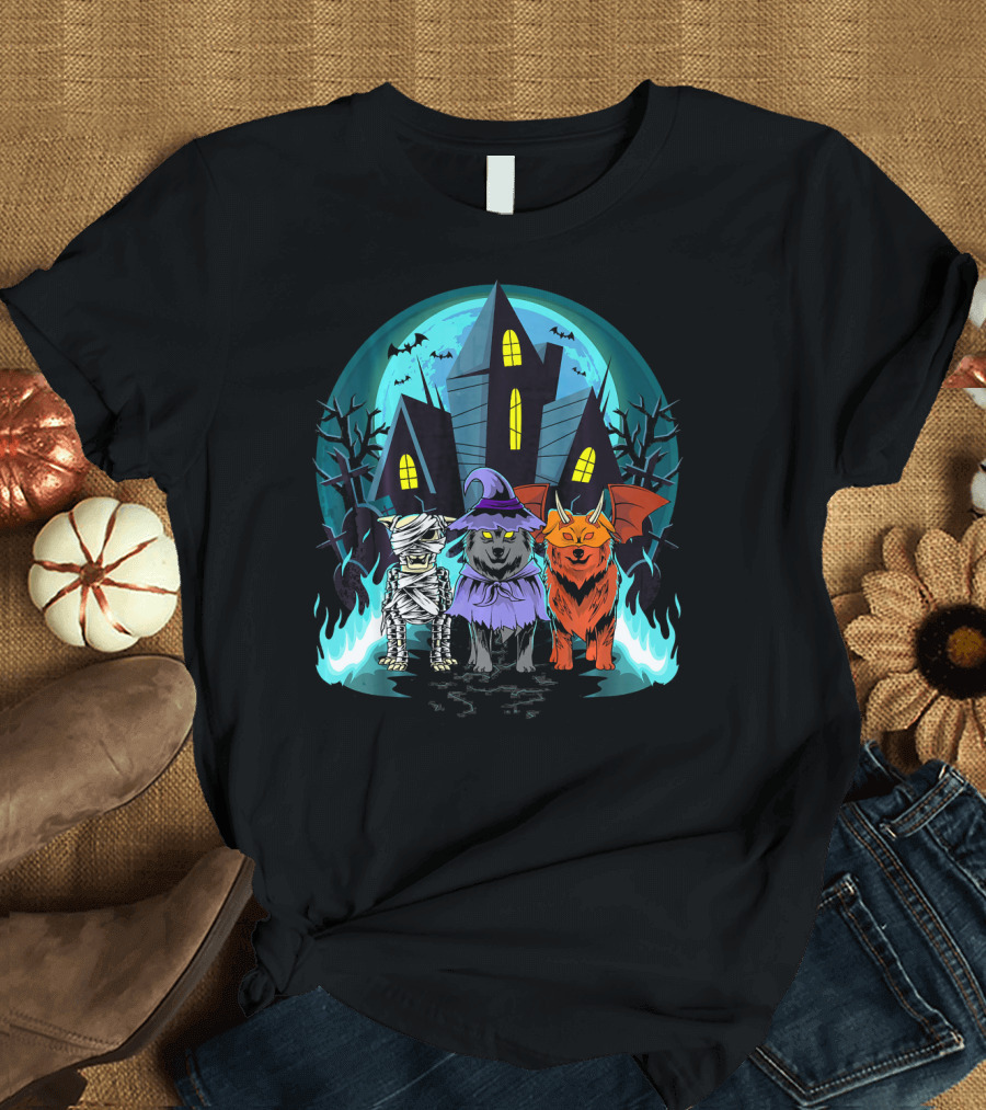 Halloween Shelties Mummy Witch Devil in Haunted House Scene T-Shirt