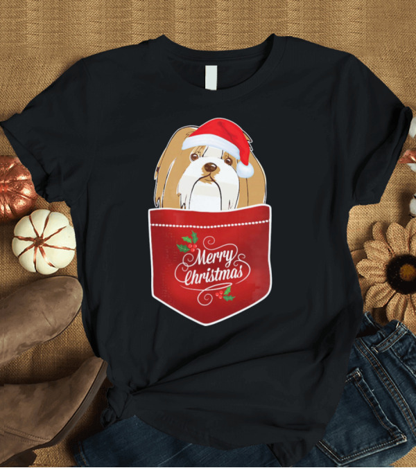 T-Shirt: Merry Christmas Lhasa Apso in Santa Hat Pocket T-Shirt Merry Christmas Lhasa Apso in Santa Hat Pocket T-Shirt