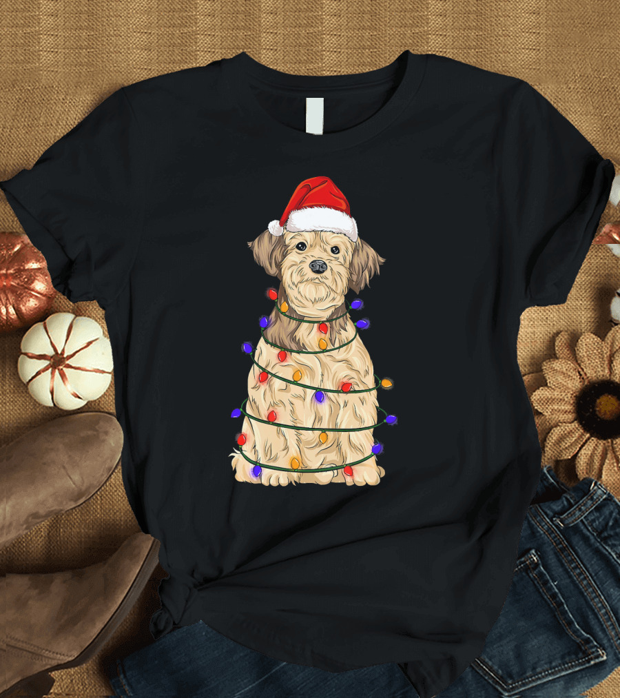 Lhasa Apso with Santa Hat Wrapped in Xmas Lights T-Shirt