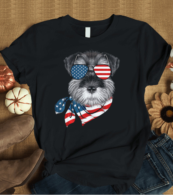 T-Shirt: American Flag Schnauzer with Patriotic Aviator Sunglasses and Scarf T-Shirt American Flag Schnauzer with Patriotic Aviator Sunglasses and Scarf T-Shirt