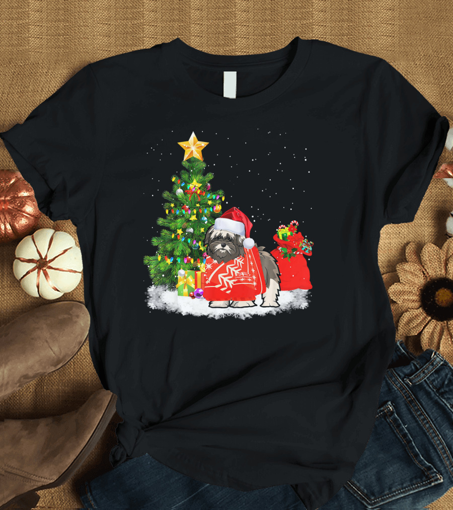 Lhasa Apso Christmas Santa Hat Festive Holiday Scene T-Shirt