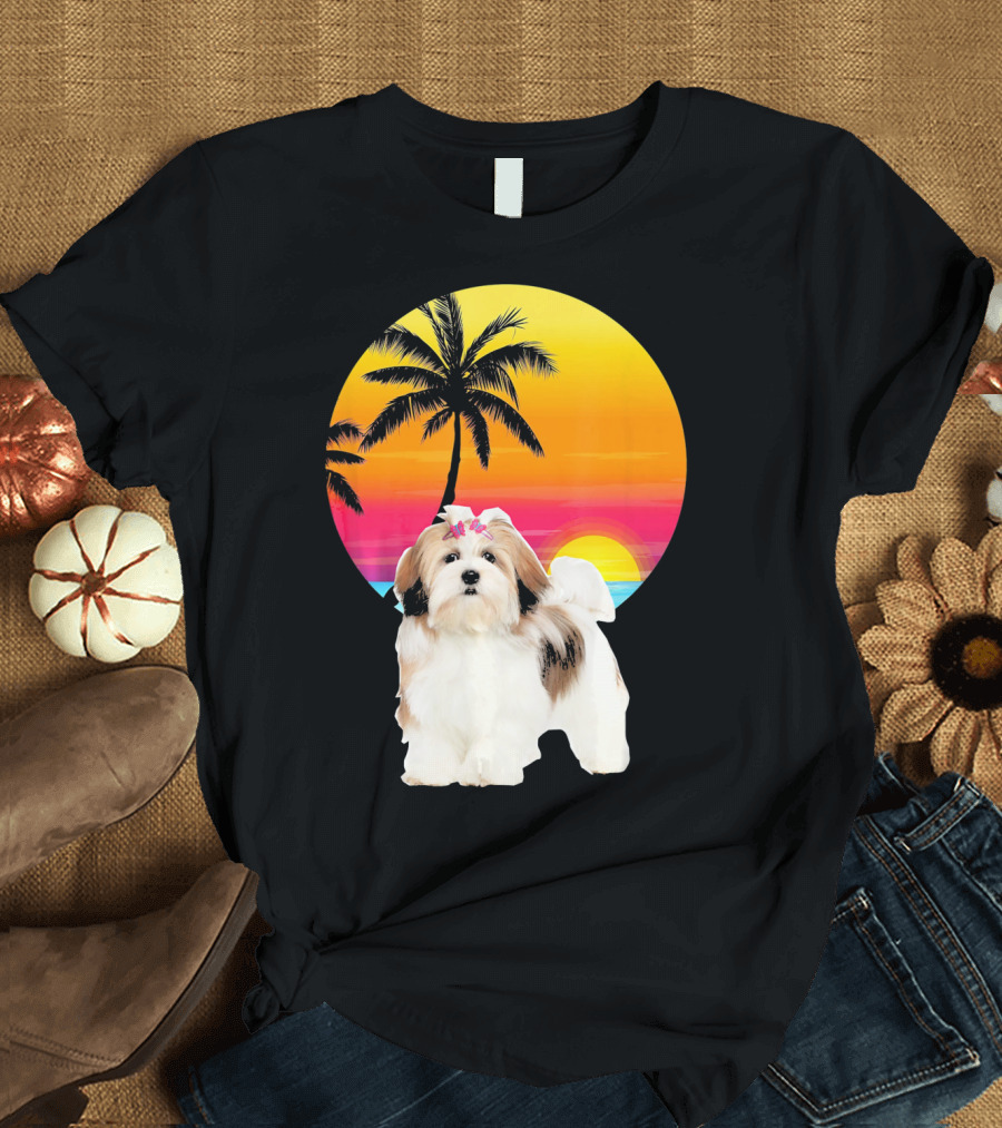 Lhasa Apso Retro Vintage 70s Dad Sunset Palm Trees T-Shirt