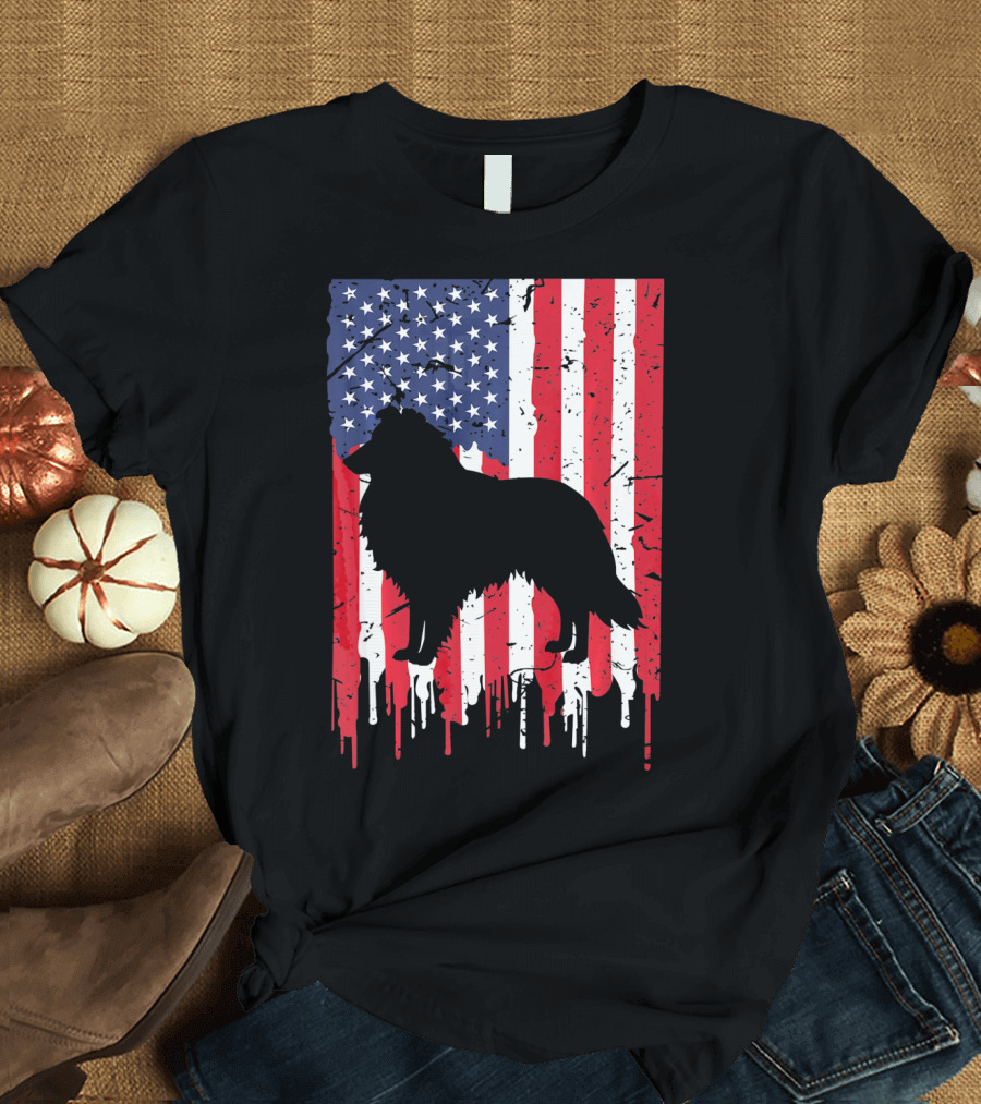 American Flag Shetland Sheepdog Silhouette Distressed Heart T-Shirt