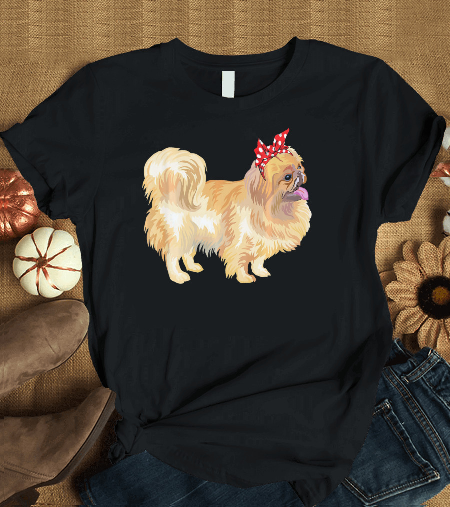 Pekingese Dog with Red Polka Dot Bandana for Funny Dog Moms T-Shirt