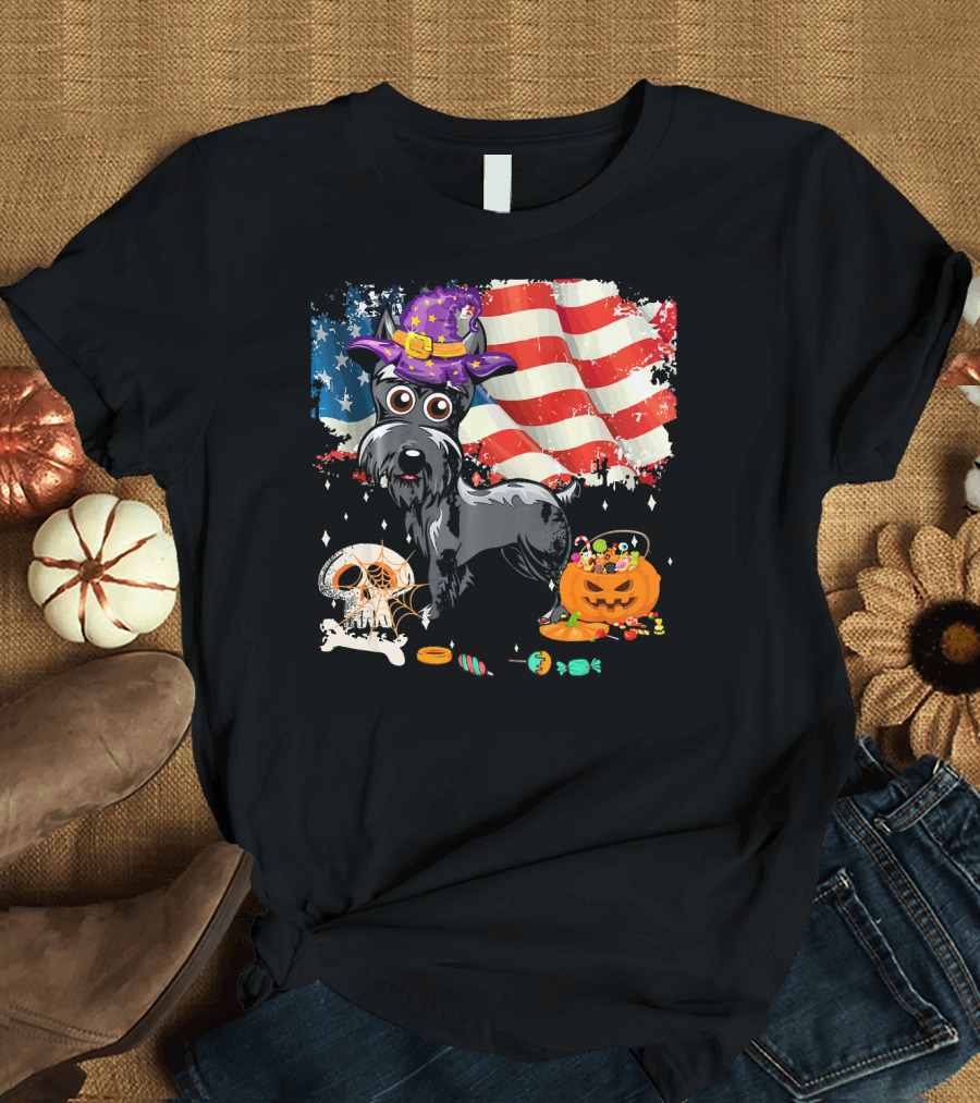 Schnauzer Halloween USA Flag Skull Pumpkin Candy T-Shirt