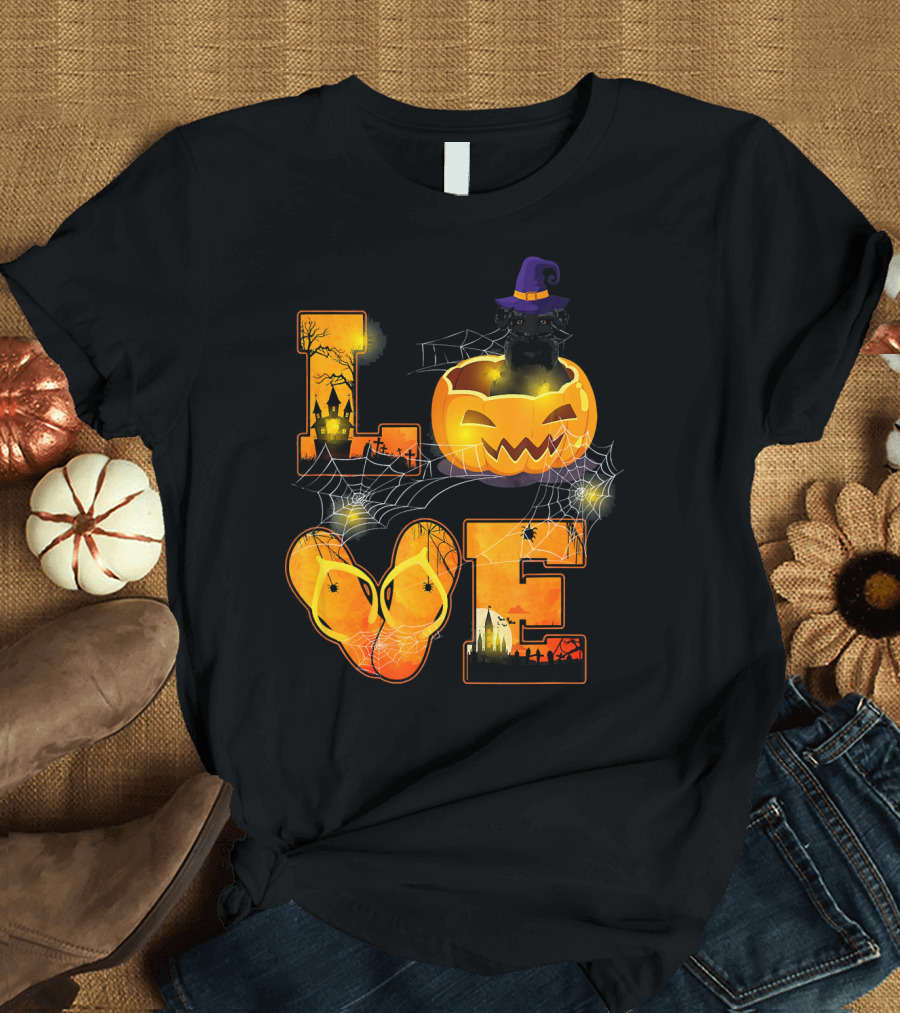 LOVE Halloween Pumpkin Witch Hat Standard Schnauzer Spooky Scene T-Shirt