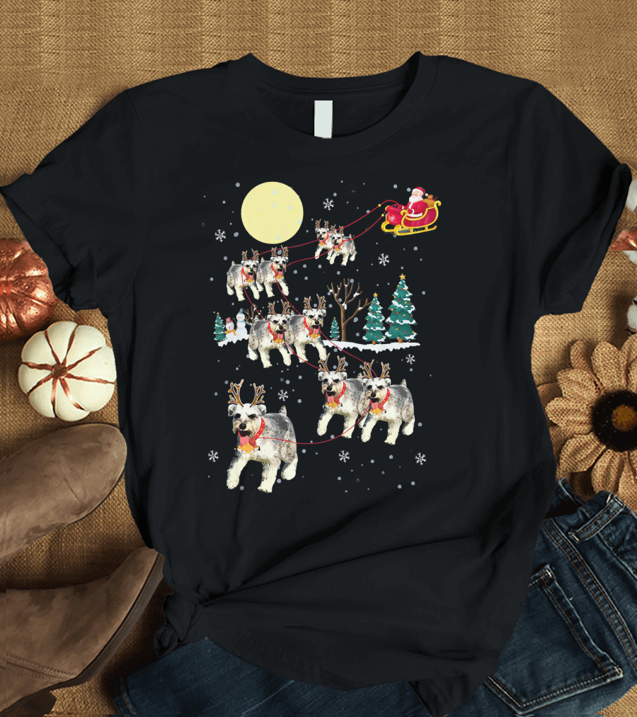 Christmas Santa Sleigh Reindeer Schnauzer Dog Snowflakes T-Shirt