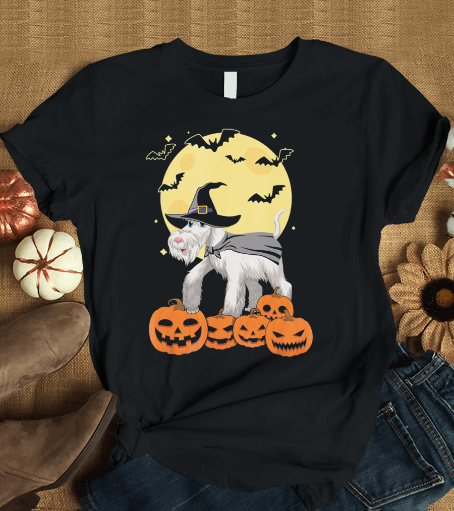 Happy Halloween Miniature Schnauzer Witch with Pumpkins and Bats T-Shirt