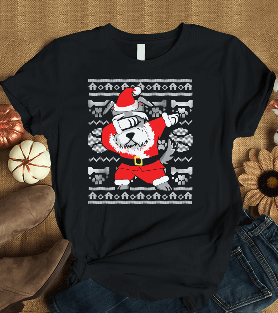 Funny Dabbing Schnauzer Dog in Santa Claus Outfit Holiday T-Shirt