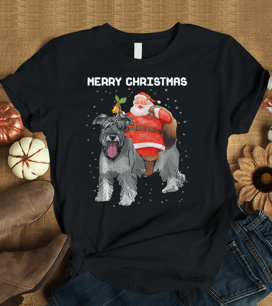 Merry Christmas Funny Santa Riding Schnauzer Dog T-Shirt