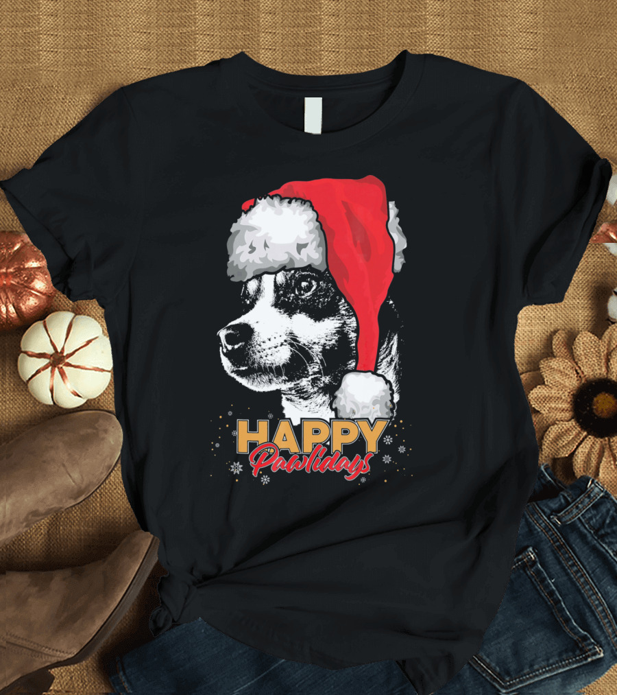 Happy Pawlidays Funny Christmas Rat Terrier Christmas Hat T-Shirt