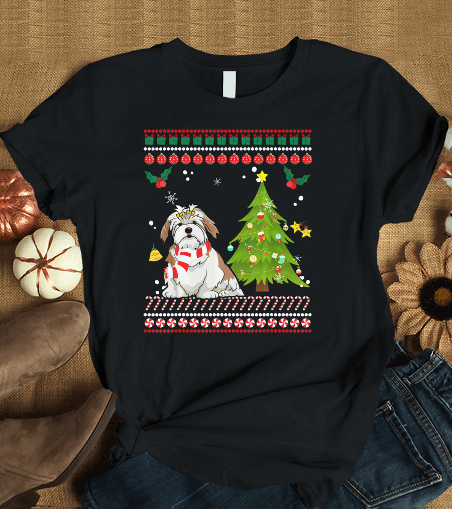 Lhasa Apso Christmas Dog with Pine Tree and Festive Ornaments T-Shirt