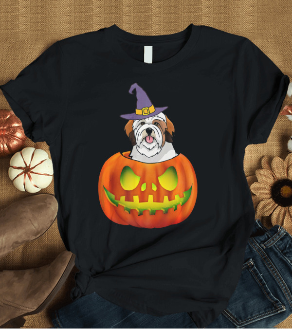 T-Shirt: Lhasa Apso Halloween Costume Funny Pumpkin Dog in Witch Hat Scary T-Shirt Lhasa Apso Halloween Costume Funny Pumpkin Dog in Witch Hat Scary T-Shirt