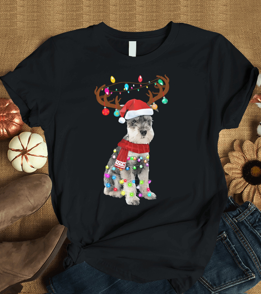 Cute Schnauzer with Christmas Lights and Reindeer Antlers T-Shirt