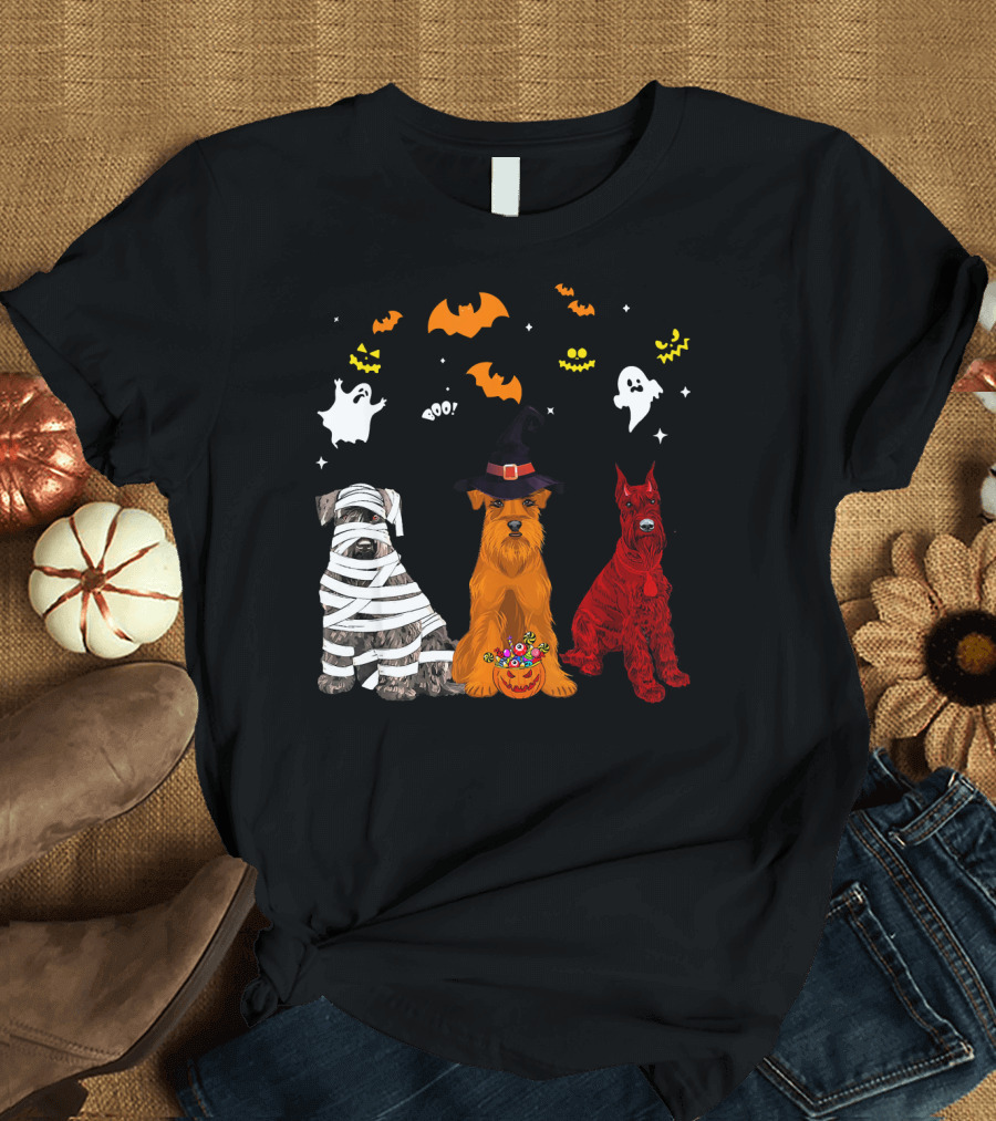 Halloween Schnauzer Dogs Lovers Mummy Witch Ghosts Bats T-Shirt