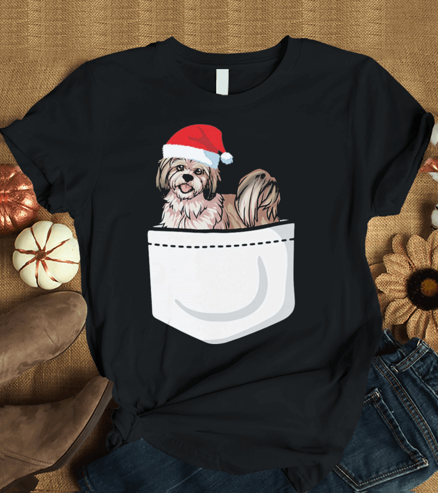 Lhasa Apso Santa Hat Pocket Pup T-Shirt