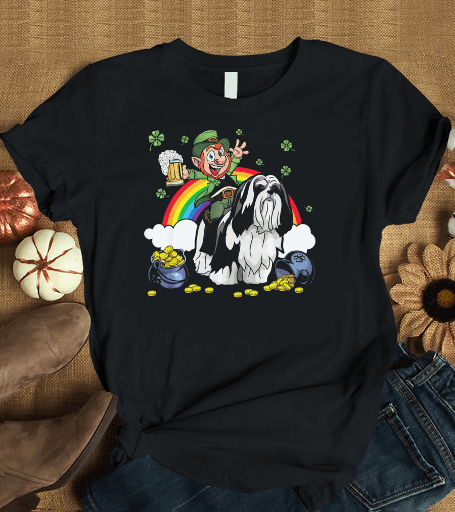 Leprechaun on Lhasa Apso with Shamrocks, Rainbow, and Gold Coins T-Shirt