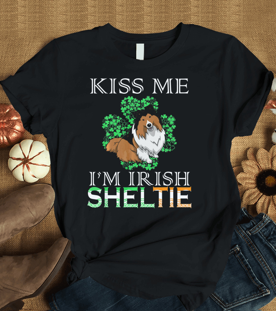 Kiss Me I'm Irish Sheltie Shamrock Dog T-Shirt