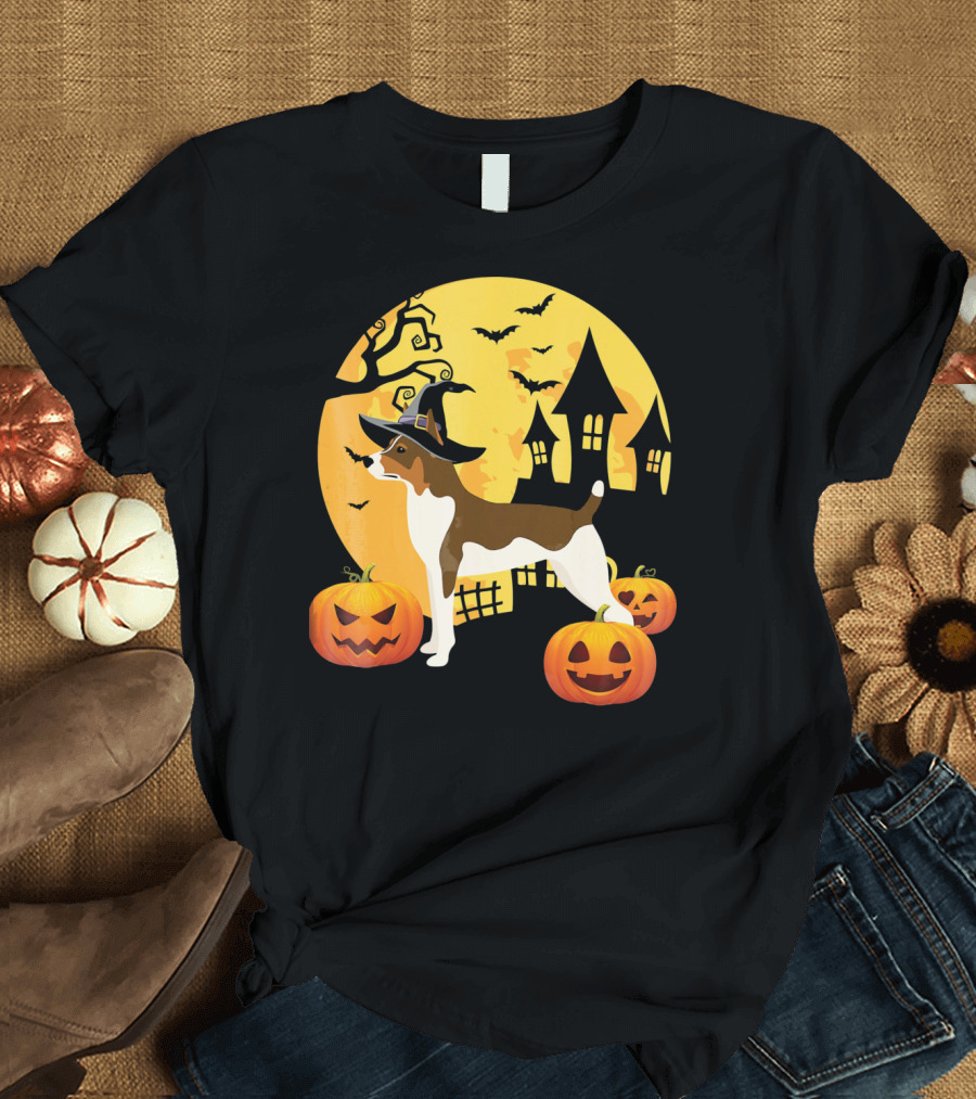 Crazy Moon Witch Hat Pumpkin Rat Terrier Halloween Scene T-Shirt