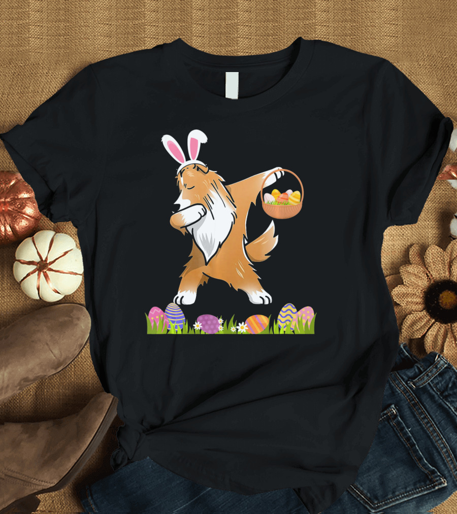 Funny Shetland Sheepdog Dabbing with Easter Bunny Ears and Egg Basket T-Shirt