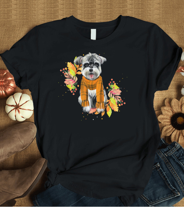 T-Shirt: Cute Schnauzer Dog in Autumn Scarf with Fall Leaves T-Shirt Cute Schnauzer Dog in Autumn Scarf with Fall Leaves T-Shirt