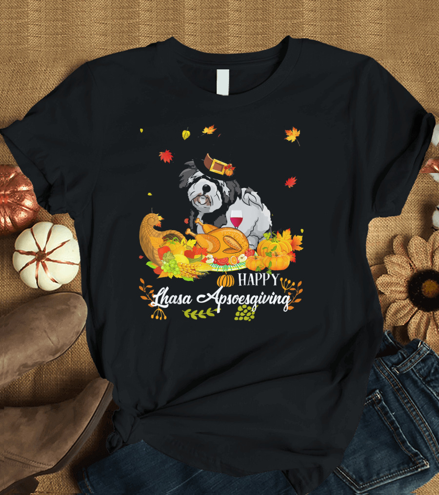 Happy Lhasa Apsoesgiving Thanksgiving Dog with Cornucopia and Leaves T-Shirt