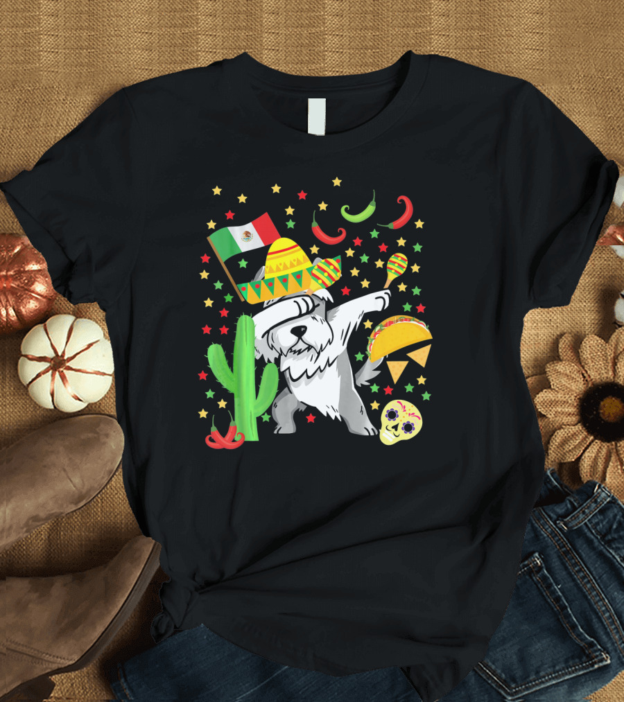 Dabbing Schnauzer with Sombrero and Mexican Flag Cinco De Mayo T-Shirt