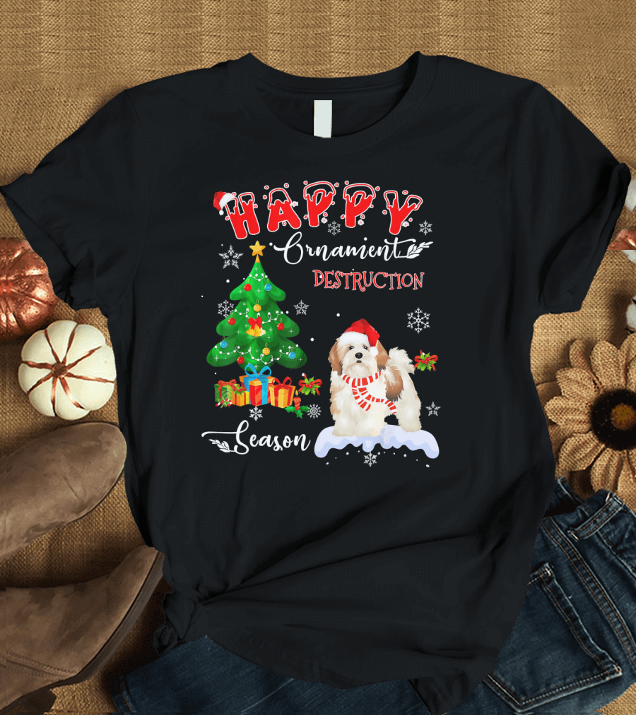 Happy Ornament Destruction Season Lhasa Apso Dog Christmas Tree T-Shirt