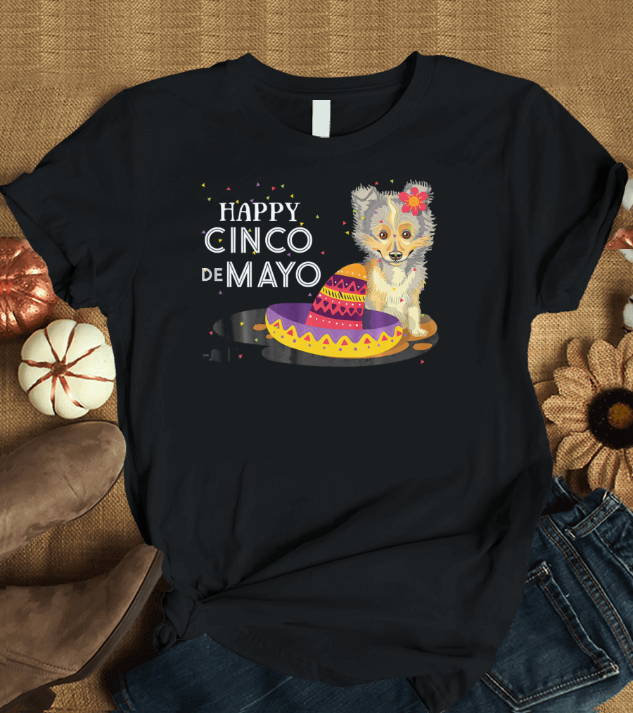 Happy Cinco De Mayo Funny Shelti Dog with Sombrero and Flower T-Shirt