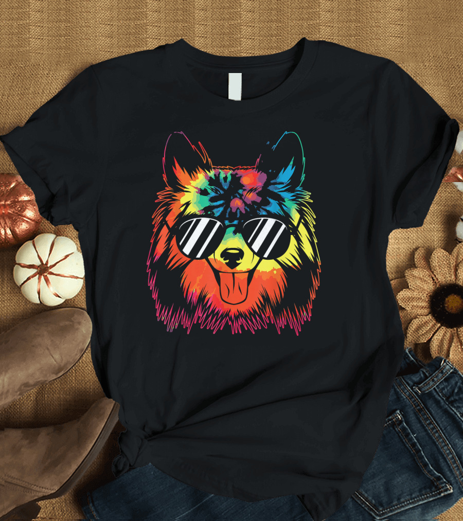 Sheltie Dog Tie Dye Sunglasses Psychedelic Rainbow T-Shirt