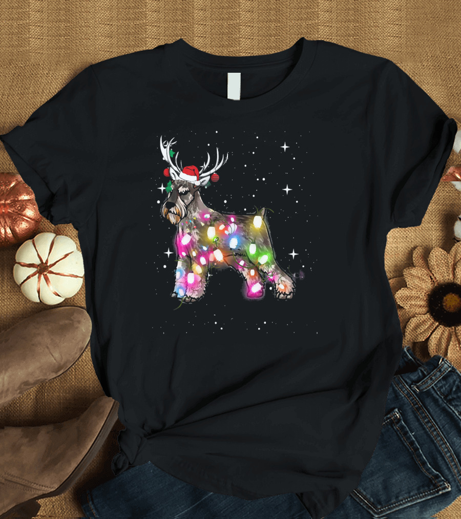 Christmas Lights Reindeer Antler Hat Standard Schnauzer Dog T-Shirt
