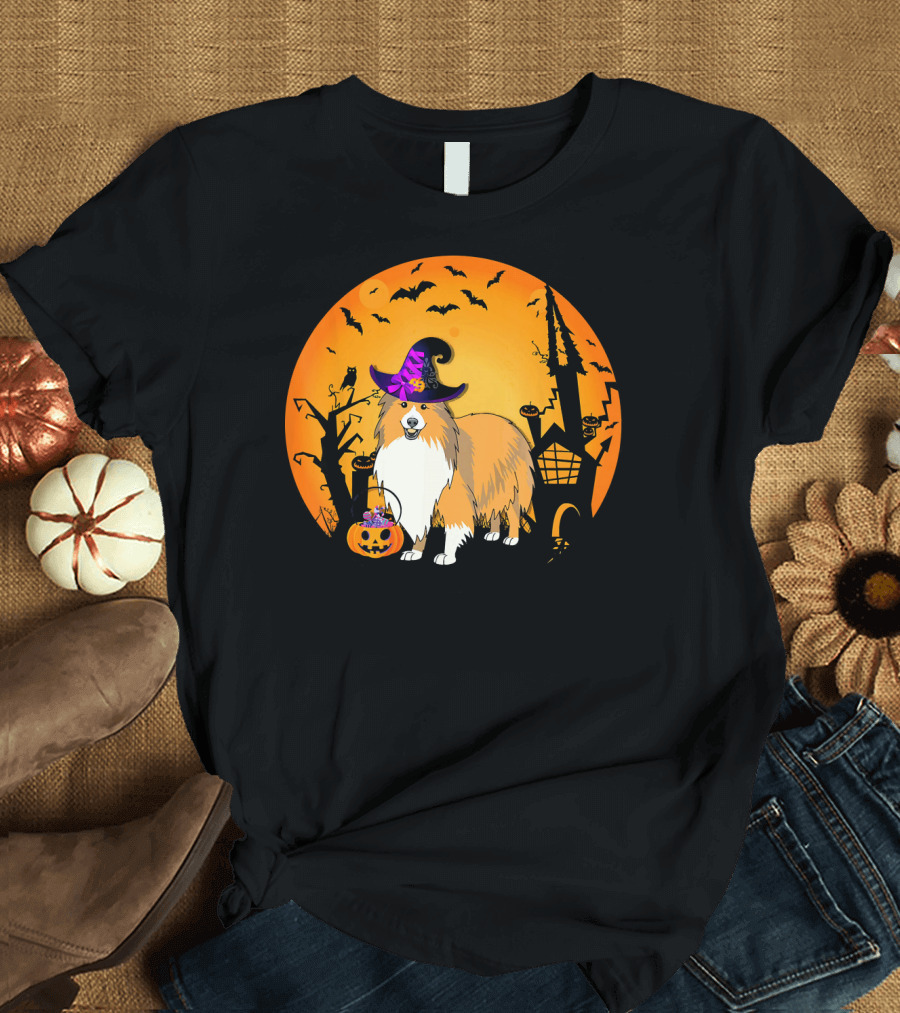 Halloween Sheltie Witch Hat Pumpkin Castle Shadows T-Shirt