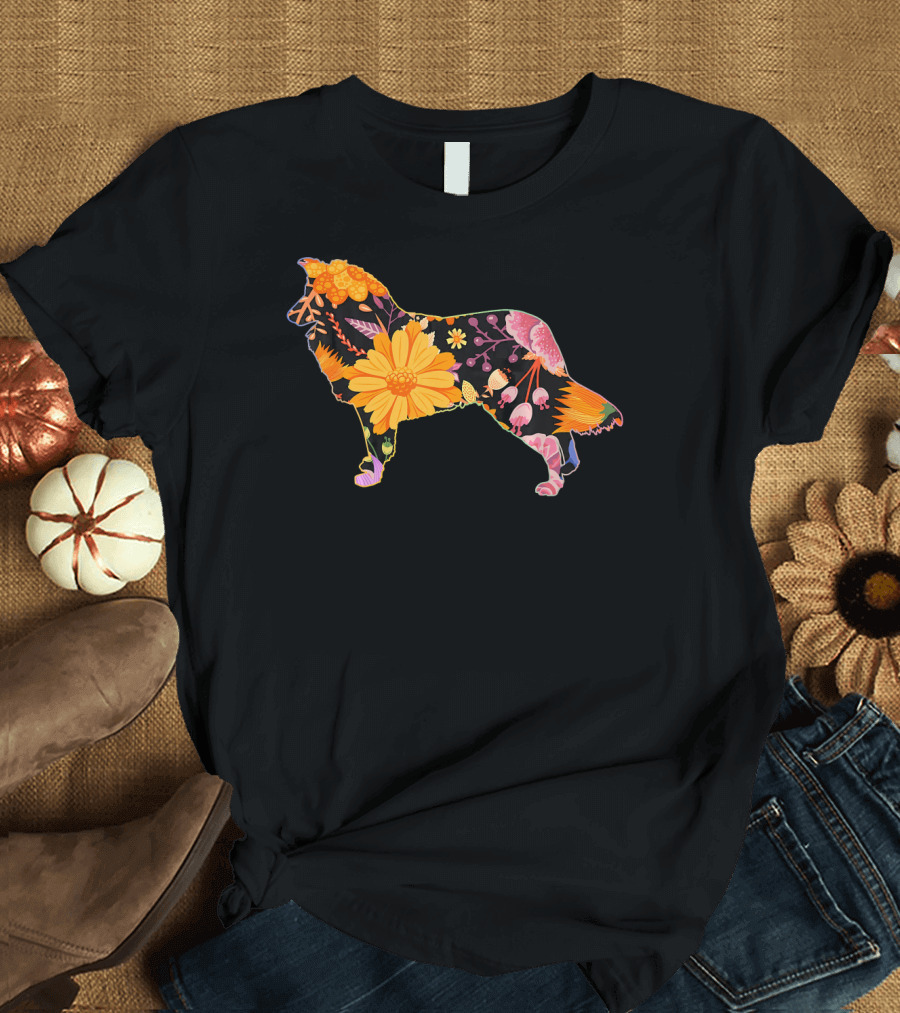 Floral Flower Vintage Retro Sheltie Silhouette Love T-Shirt