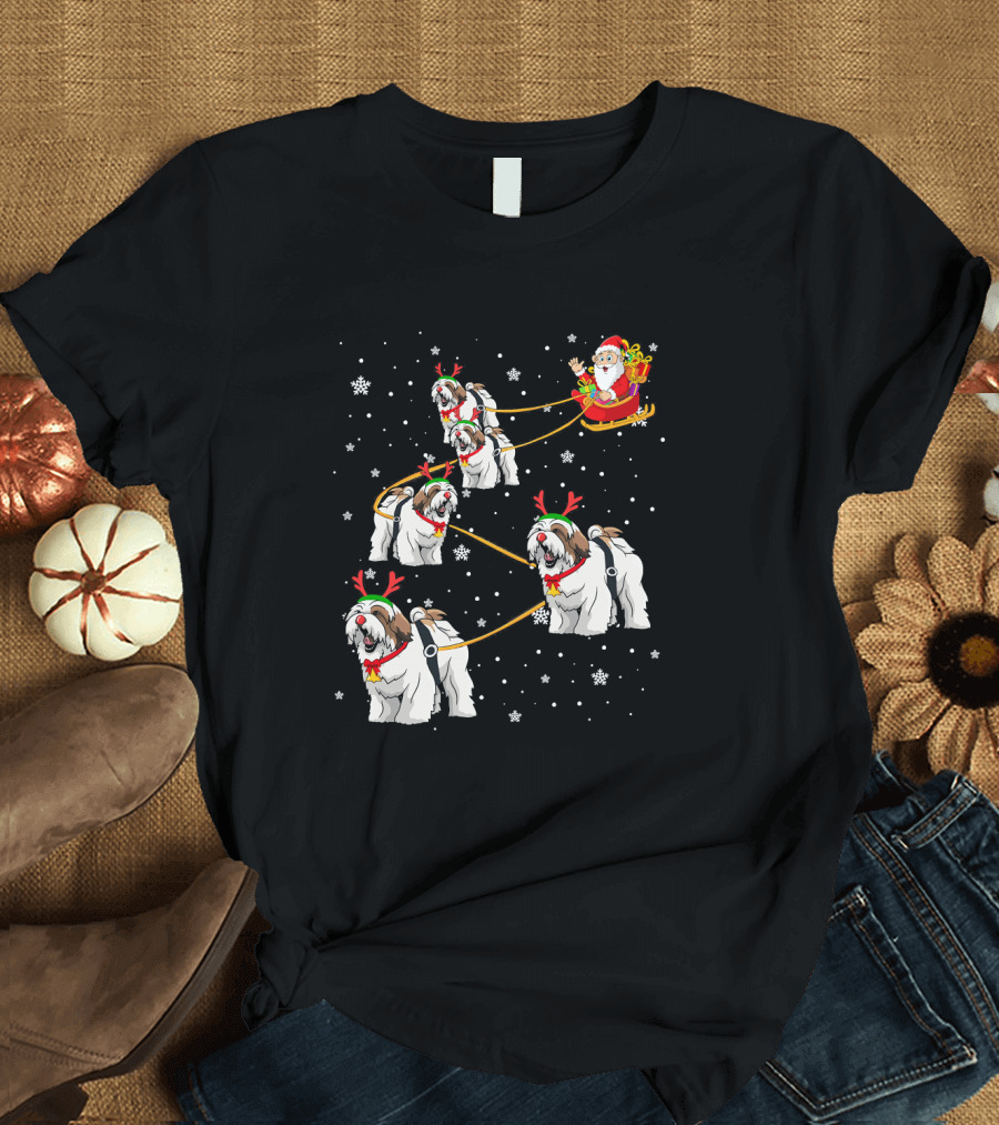 Lhasa Apso Lover Santa Sleigh with Dogs and Christmas Snowflakes T-Shirt