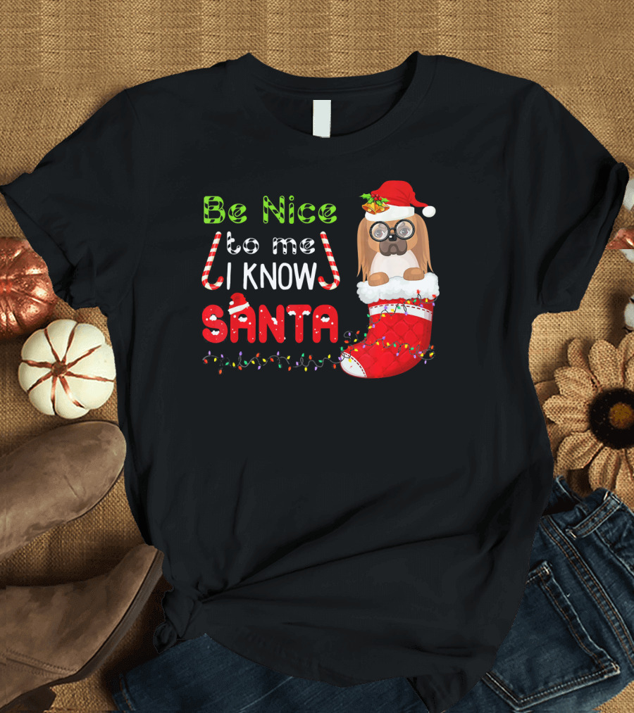 Be Nice to Me I Know Santa Pekingese in Santa Hat and Christmas Stocking T-Shirt
