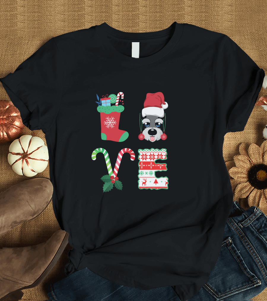 Love My Miniature Schnauzer Christmas Stocking Santa Hat Candy Cane Hollys T-Shirt